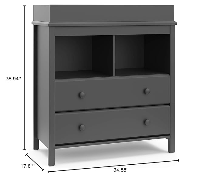 Storkcraft Alpine 2 Drawer Changing Table Chest (Gray) - Attached Changing Table Topper Fits Any Standard-Size Baby Changing Pad, 2 Drawers, 2 Shelves for Extra Nursery Storage, Easy to Assemble