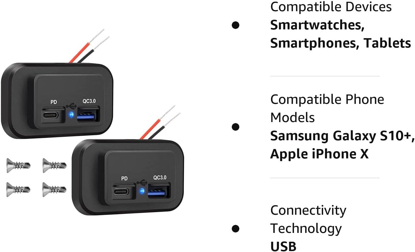 Linkstyle 2PCS RV USB Outlets - Dual USB Ports (USB-A and USB-C) with Blue LED Indicator, Surface Mount 12V USB Outlets