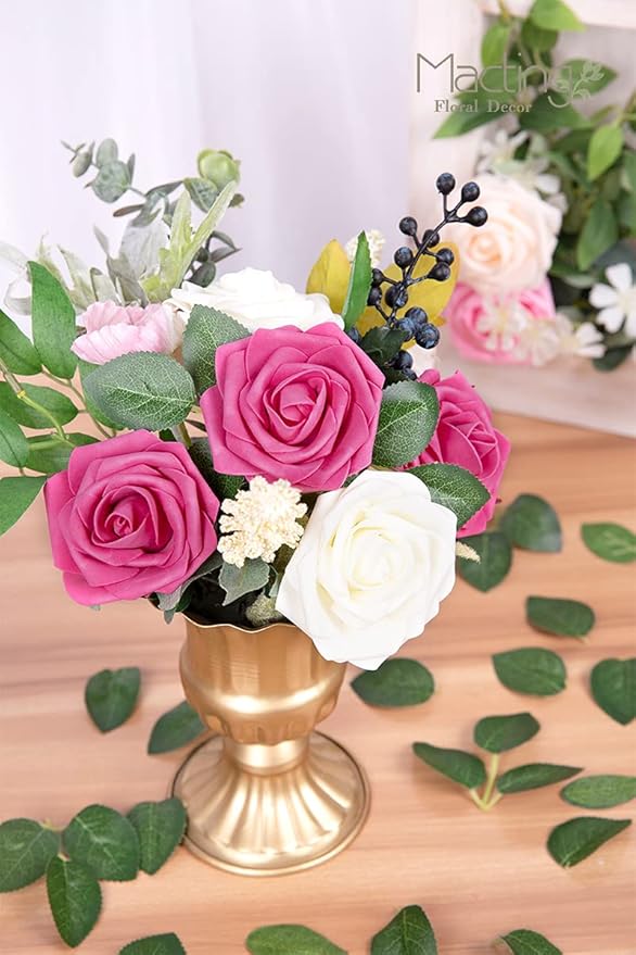 MACTING 30PCS Artificial Flower Roses, Real Touch Fake Flowers with Stems, Foam Roses for Wedding Bouquet Party Centerpieces Baby Shower Home Decorations (Hot Pink)