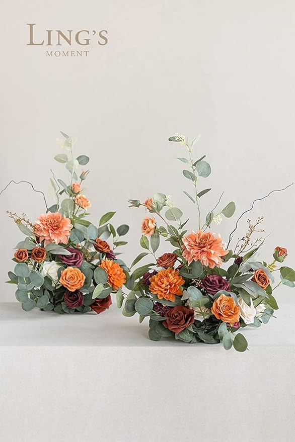 Ling's Moment 22" Tall Fall Free Standing Artificial Flowers Arrangements 2 pcs Fall Wedding Aisle Runner Chair Decorations Fake Terracotta Arch Entryway Ceremony Reception Church Rose Floral Party