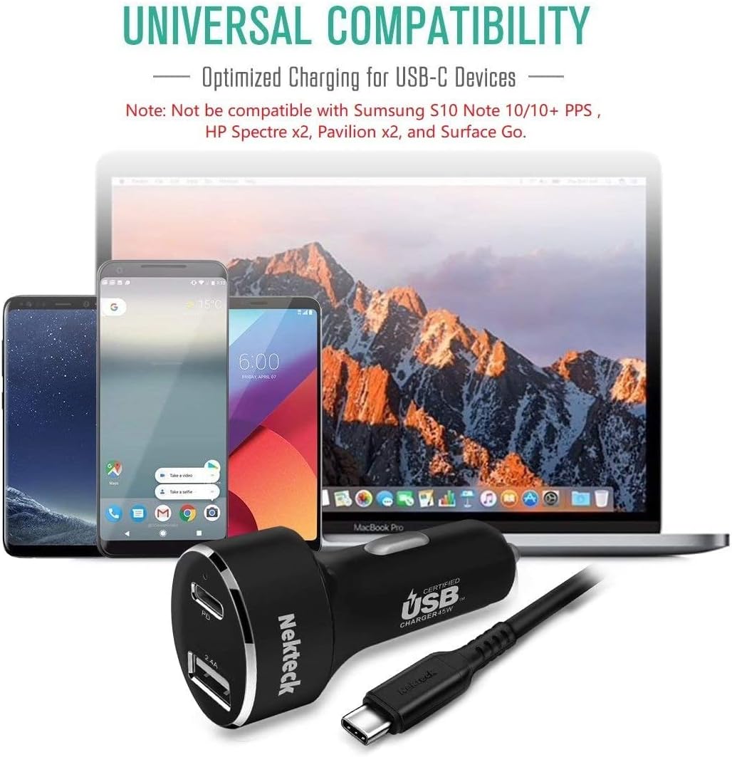Nekteck Type C Car Charger with 45W Power Delivery, 12W A Port, 3.3ft Cable for iPhone, iPad, MacBook, Galaxy