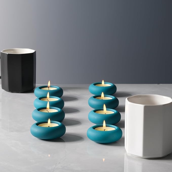 Handmade Decorative Pebble Tealight Candle Holders Set of 8 - Handcrafted Home Decor Accent for Calming Earthy Aesthetic Cement Peacock Blue Diameter 2.6 inches