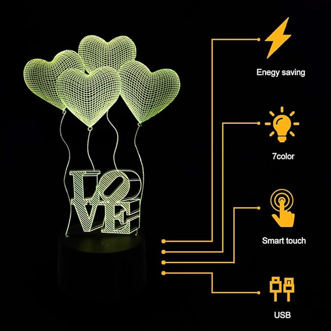 AZIMOM 3D Illusion Lamp 4 Love Heart Balloon Love Shape 16colors Night Light for Kid Touch Sensor &Remote Control USB Battery Power Bedside Desk Bedroom Home Decoration Boys & Girls Women Birthday