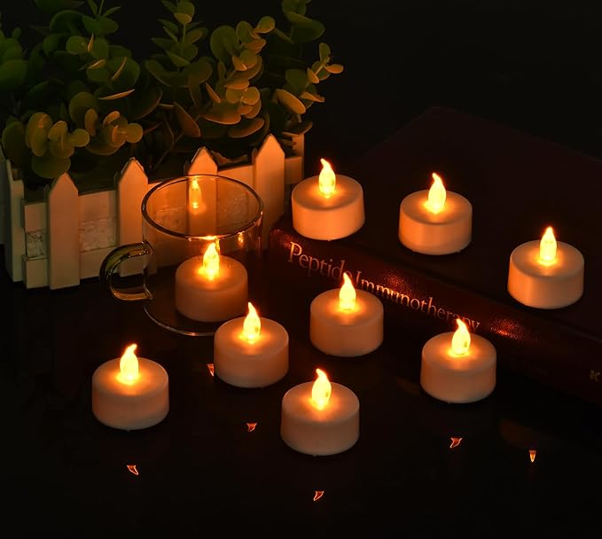 LED Tea Lights Candles- 12PACK Warm Yellow Flameless Candles Realistic and Bright Flickering Long Lasting 200Hours for Holiday Celebration,Party,Home Decoration,Battery Operated