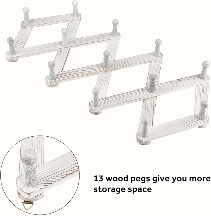 Homode Accordian Wall Hanger, Expandable Coat Rack Wall Mounted, Accordion Style Wood Hat Rack with 13 Peg Hooks for Hanging Coats, Hats, Mugs, Bags, Purses, Necklaces, Rustic White