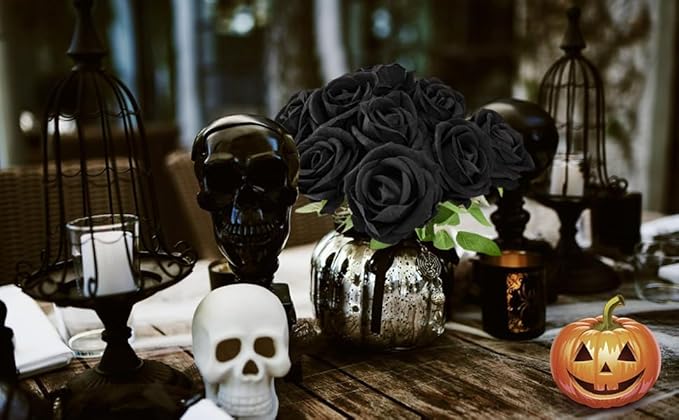 Black Roses Artificial Flowers 50 Pack in Bulk, Fake Roses Flowers Realistic Roses for Halloween Gothic Wedding Home Party Decoration Event Gift (Black)