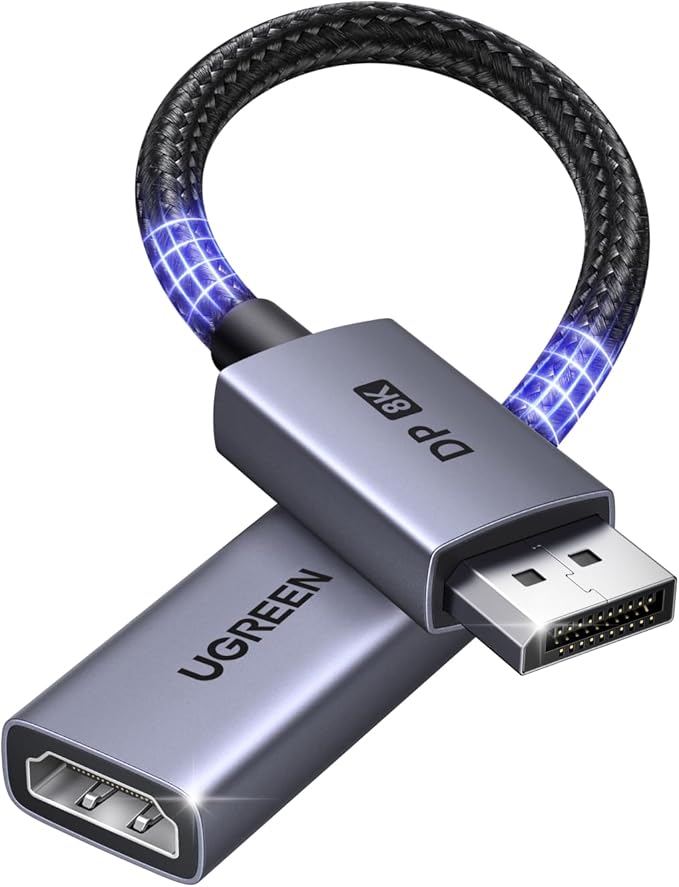 UGREEN 8K@60Hz Active Display Port to HDMI Adapter, Unidirectional DP 1.4 PC to HDMI 2.1 Screen Male to Female Cable, 4K@240Hz/2K@240Hz for Desktop, Projector Compatible with AMD, NVIDIA, 0.66FT