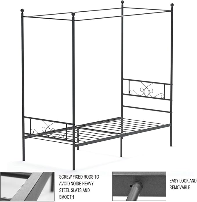 Weehom Twin Canopy Bed Frame with Headboard and Footboard, 4 Posters Metal Bed Frame, No Box Spring Needed, Mattress Foundation Platform Bed for Kids and Adults, Black