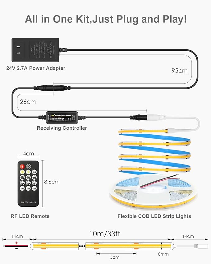 ALITOVE 32.8ft COB LED Lights for Bedroom with Remote Warm White 3000K Dimmable LED Strip Lights CRI90+ High Density 3200LEDs Flexible 24V LED Tape Light for Cabinet Home Indoor Lighting Decoration