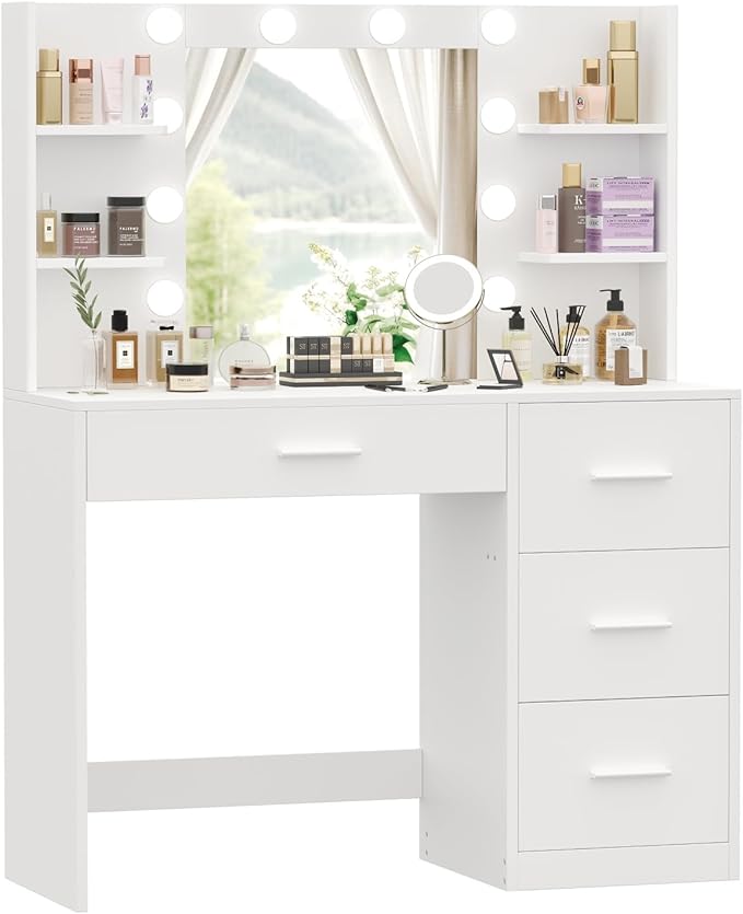 Irontar Vanity Desk, Makeup Vanity with 10 LED Lights & 4 Drawers, Brightness Adjustable, Dressing Table with 6 Open Storage, Makeup Table for Women, White WDT003W