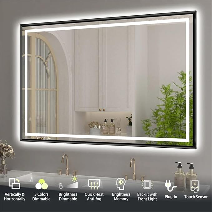 28"x 36" LED Bathroom Mirror with Black Frame, Stepless Dimmable, Anti-Fog, Shatter-Proof, Memory, 3 Colors, LED Vanity Mirror