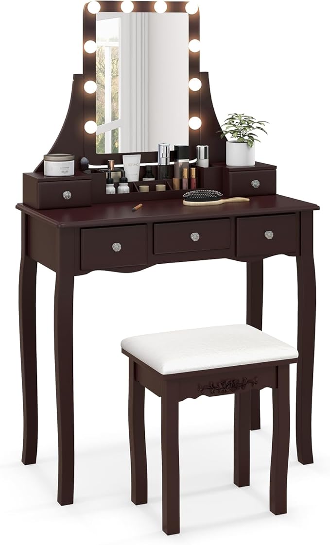 CHARMAID Vanity Desk with Mirror and Lights, Makeup Vanity Table with 5 Storage Drawers, 3 Color Lighting Modes, Adjustable Brightness, Modern Bedroom Dressing Table with Vanity Stool, Espresso