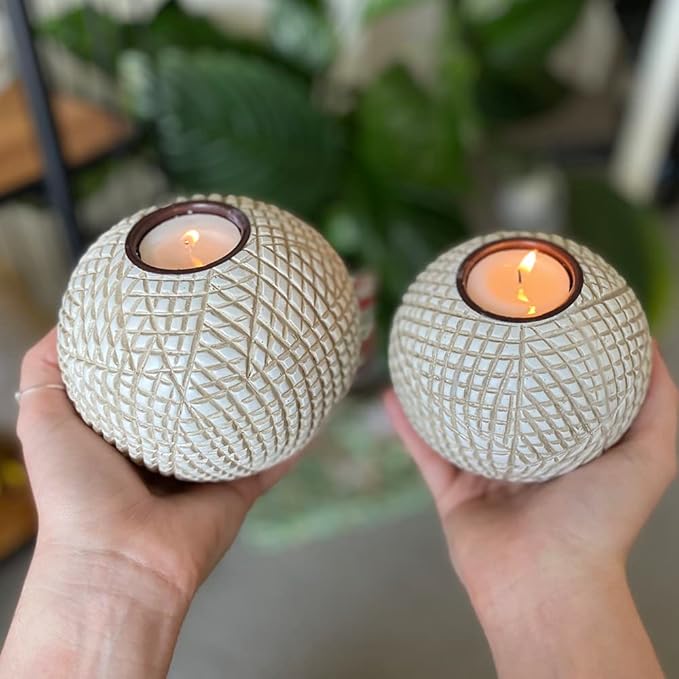 Luca Orb Tea Light Candle Holders (Gift Boxed Set of 2) Grid Pattern, Beige and White