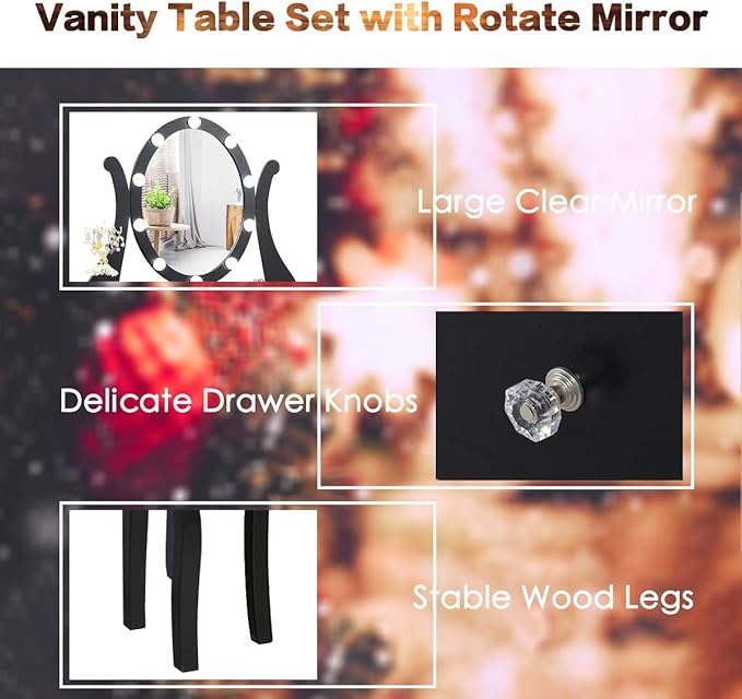 CHARMAID Makeup Vanity Table with Lighted Mirror, Vanity Desk with 10 LED Lights, Adjustable Brightness, 5 Drawers and Removable Storage Organizer, Bedroom Dressing Table with Stool (Black)