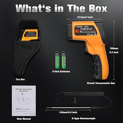 Dual-Mode Infrared Thermometer Gun,-58°F to 1472°F Laser Temp Gun, -58°F to 572°F K‑Type Probe with Humidity Display, 12:1 D:S