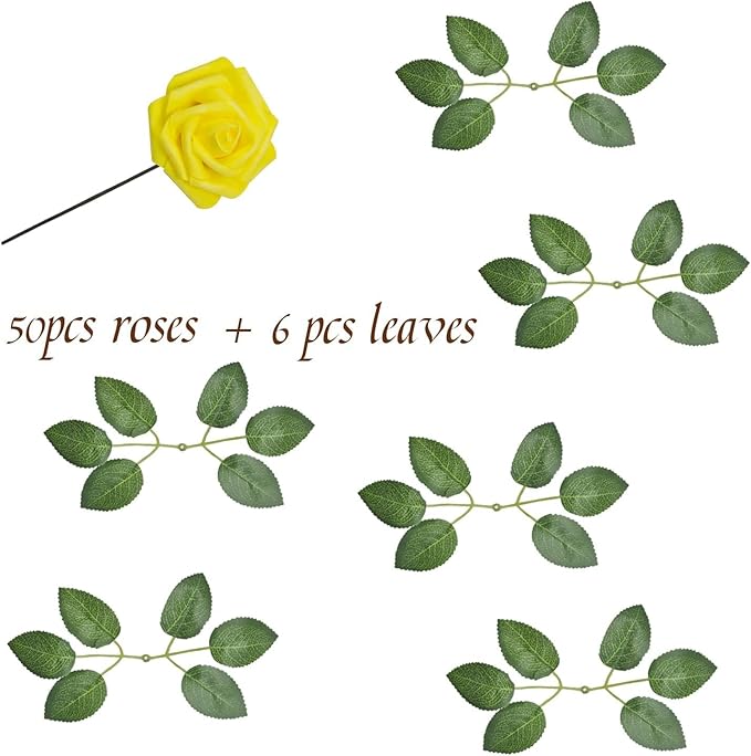 Yellow Artificial Flowers Fake Roses 50 PCS with Stem, Flower Heads Fake Rose for Crafts Bouquets for DIY Wedding Decorations Centerpieces Arrangements Party Home Garden Decor