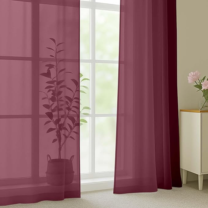 OWENIE Burgundy Sheer Curtains 120 Inches Long 2 Panels Set, Airy Lightweight Sheer Burgundy Curtains for Living Room Bedroom, Farmhouse Filmy Rod Pocket Drapes, 2 Pcs, Each 59" Wx120 L Inch