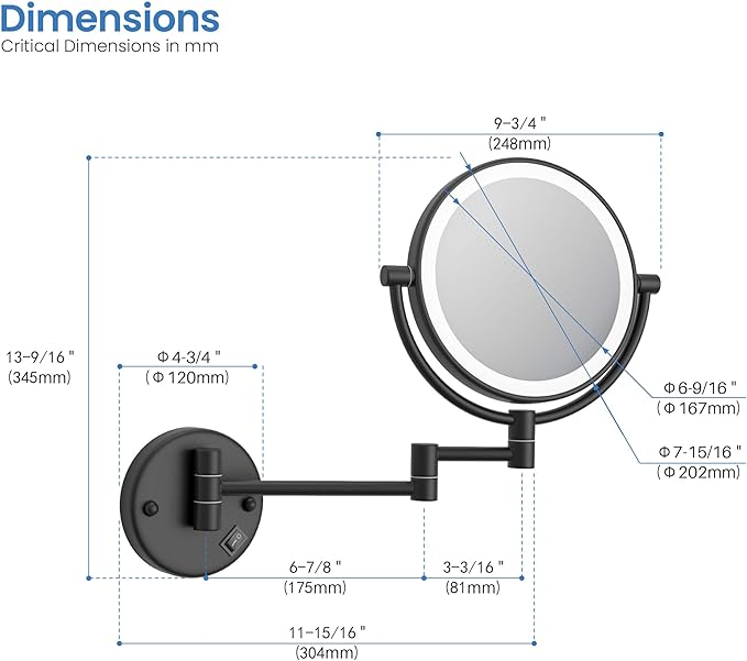 KIBI Circular Wall Mount Makeup Mirror with LED Lights, Dual-Sided 1x/5x Magnifying Mirror with Adjustable Arm, 360° Swivel, Solid Brass Construction for Durability and Style (Matte Black, KMM101)