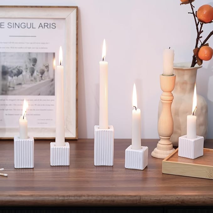 LETINE 12pcs White Vertical Stripe Glass Candlestick Holders - Modern Farmhouse Taper Candle Sticks Holder Set for Elegant Dining & Home Decor,Ideal Candle Holders for Wall, Living Room Decor
