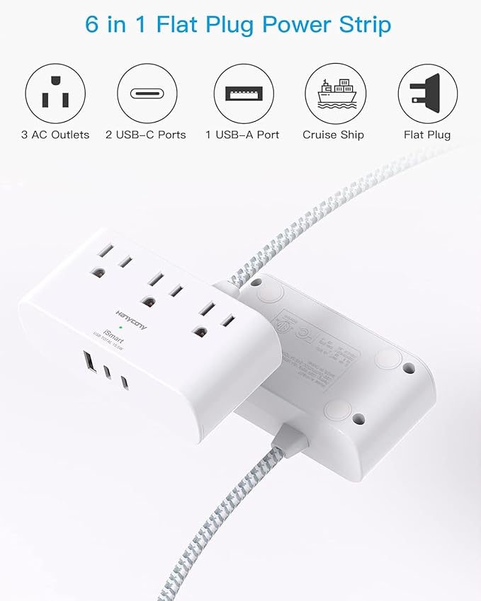 Extension Cord 15 Ft, HANYCONY Ultra Thin Flat Plug Power Strip with 3 Outlets 3 USB Ports (2 USB C), Wall Mount, Multi Plug Outlet Extender Desk Charging Station for Travel Dorm Room Essentials