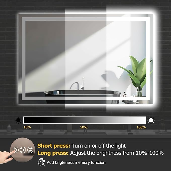 60X40 LED Bathroom Mirror with Lights, Anti-Fog, Dimmable, Backlit + Front Lit, Smart Bathroom Vanity Mirror, Memory Function, Shatterproof, Tempered Glass (Horizontal/Vertical)