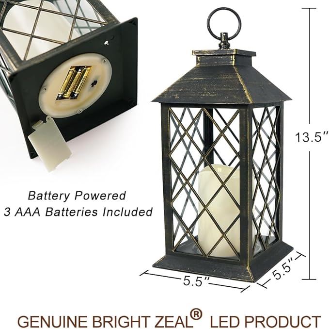 Bright Zeal 13.5" Outdoor Candle Lantern Decorative with LED Pillar Candle Battery Powered (Distressed Gold, 6hr Timer) - IP44 Waterproof Decorative Tabletop Lanterns Hanging Lanterns Indoor Outdoor