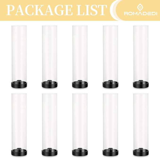 Romadedi Glass Hurricane Candle Holders Black - 12 Inch Taper Candlestick Holder Bulk Clear Glass Cylinder Table Centerpiece Wedding Decor Party Birthday Christmas Home Decorations, Set of 10