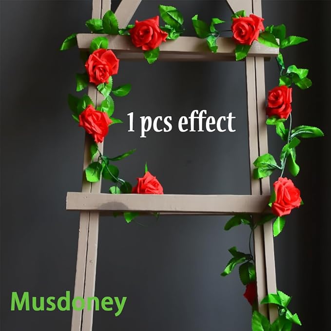 Musdoney 4Pcs 32.2 FT Fake Rose Vine Flowers Plants Artificial Flower Garland Hanging Rose Ivy Home Hotel Office Wedding Party Garden Craft Art Decor (Red)