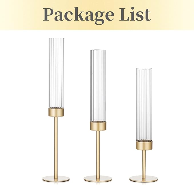 Hewory Gold Hurricane Candle Holders: Brass Candlestick Holders Set of 3 Tall Taper Candle Holders for Candlesticks Candle Sticks Holder Decor for Table Centerpiece Wedding Party Christmas Decorations