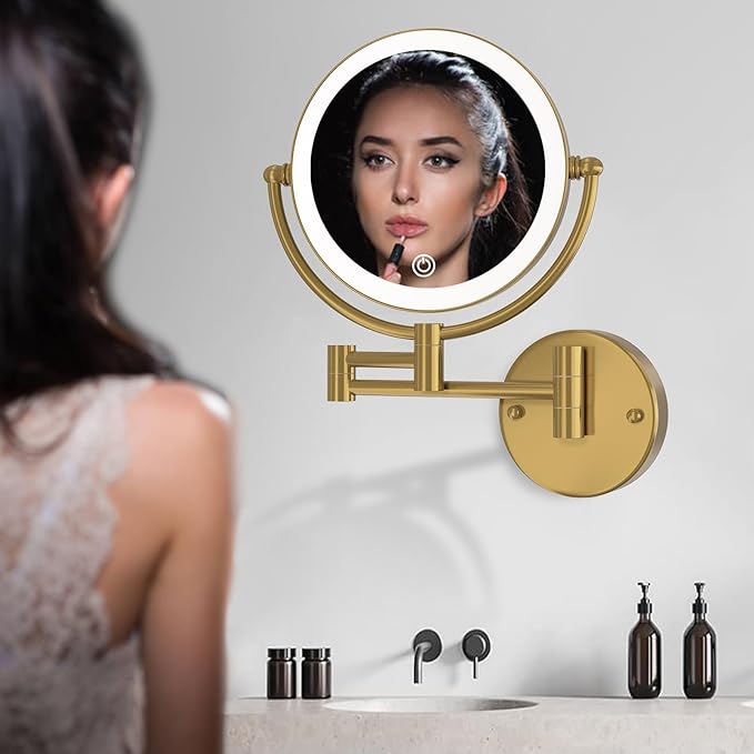 Hardwired Bathroom Makeup Mirror Wall Mount Gold, Double Sided 1/10X Magnifying Make up Mirror with Lights 3 Color & Adjustable Brightness, 360 Swing Arm Shaving Mirror, Brushed Moderne Brass
