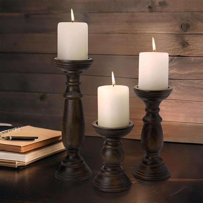 Rustic Wooden Pillar Candle Holders Set of 3, 12'' 9'' 6'' Farmhouse Wood Candle Stand for Table Centerpieces, Vintage Tall Candleholders Fireplace Mantel Decor for Living Room, Dark Brown
