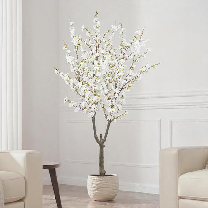 Artificial Cherry Blossom Tree 6ft Tall Indoor Faux White Flower Tree,Fake Cherry Blossom Tree for Home Office Party Wedding Decor