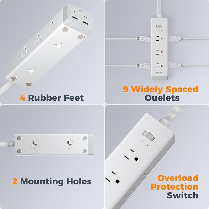 TESSAN Surge Protector Power Strip PD 20W, 10 FT Extension Cord with Multiple Outlets Flat Plug, 4 USB (2 USB C) and 9 AC Outlets, Multi Port Charging Station for Home Office Dorm Room Essentials
