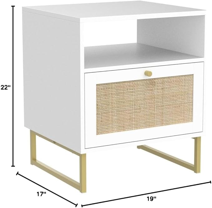 Nathan James Mina Rattan Wood End Side Accent Table Nightstand with Storage for Living Room or Bedroom, 1, White/Gold
