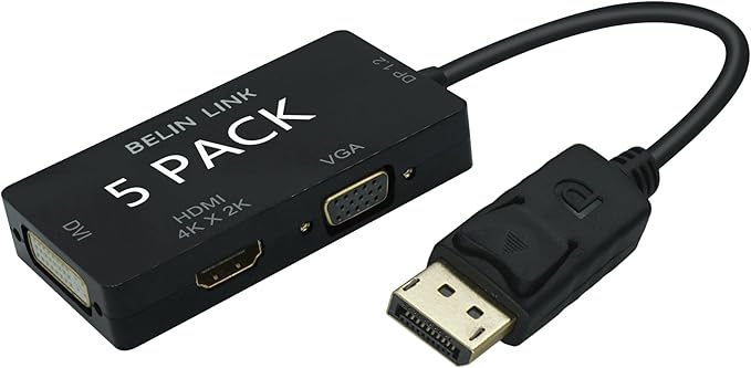 DP to HDMI VGA DVI Adapter Displayport to HDMI 4K Adapter 3 in 1 Display Port to HDMI VGA DVI Converter Male to Female Gold-Plated (Rectangle x5 Pack)