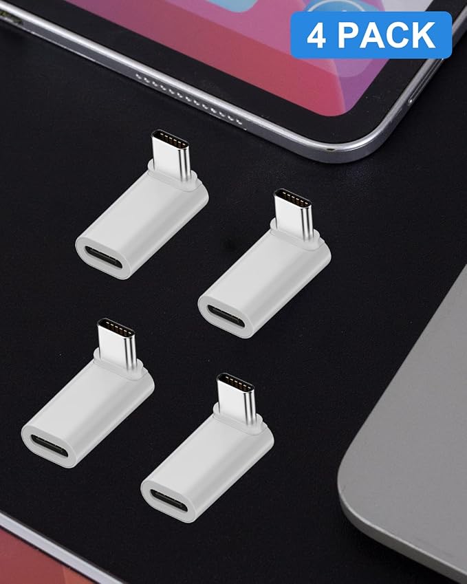 Danfetsoy 90 Degree USB C Male to Female Adapter 4pcs, 140W USB C to Type C L Shape Right Angle Connector Suitable 8K@60Hz for Laptop, Phones, etc (4 Pack)