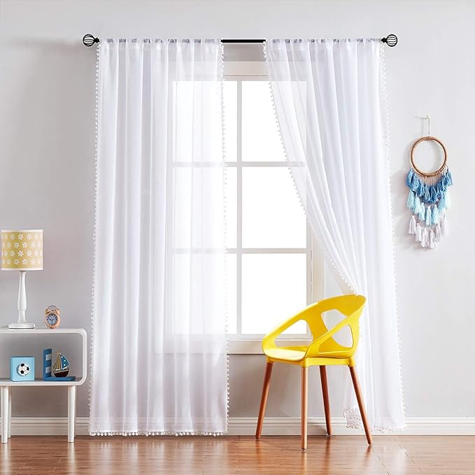 Treatmentex Pom Pom White Sheer Curtains for Living Room 63" Linen Texture Rod Pocket Window Sheers 52" w x 2 Panels, Rod Pocket Drapes