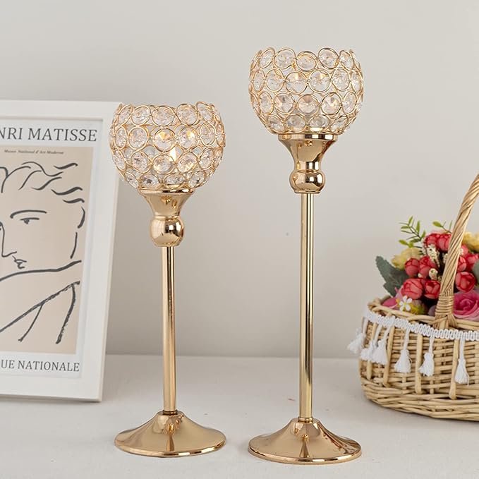 VINCIGANT Pack of 8pcs Candle Holders for Pillar Candles,Gold Candle Holders Bulk Wedding Centerpieces Metal Crystal Candlestick Holders Stand for Table Party Church Decor
