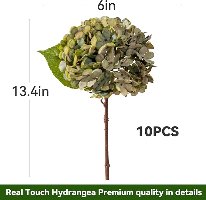 10PCS Fake Hydrangea Artificial Flowers Hydrangea Bouquet for Home Wedding Bridal Bouquet Office Party Table Centerpiece DIY Floral Decor (Autumn Green)