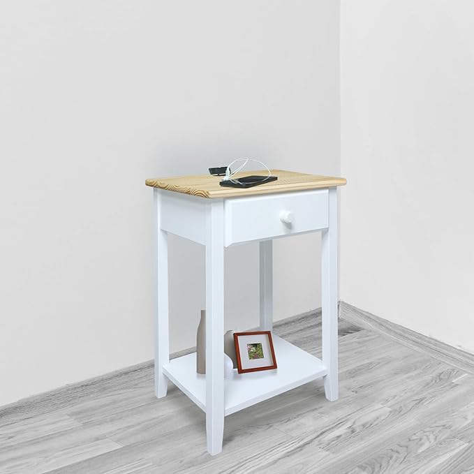 Casual Home Owl Night Stand with USB Port Charging Station and Drawer, 17.5" W x 14.25" D x 24.5" H, Natural White