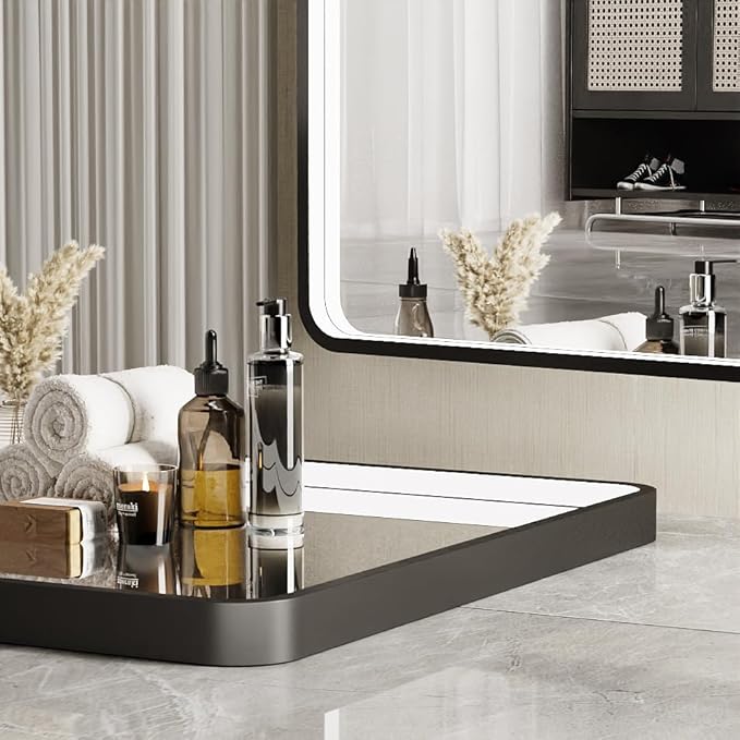 24X36 Inch LED Bathroom Mirror with Lights,Black Frame Lighted Irregular Wall Mirror,Asymmetrical Vanity Mirror,Anti-Fog,Dimmable