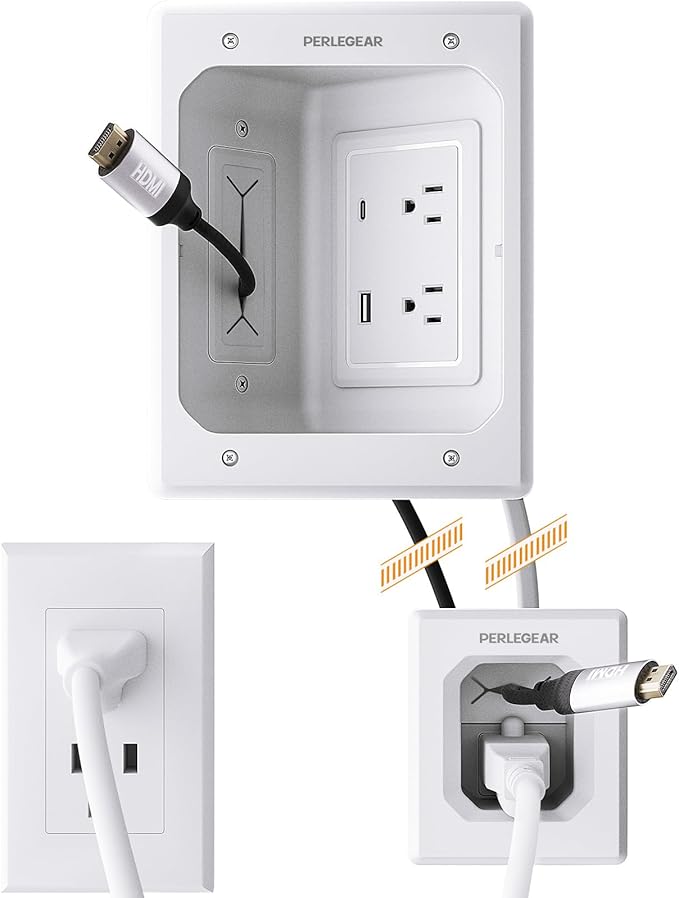 Perlegear TV in-Wall Cable Management Kit, USB and Typ C Ports Cord Hider for Wall Mount TV with Recessed Power, Includes Drill Templates, Dust Bags, Drywall Saw, Extension Cable