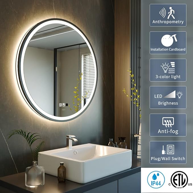 LED Sensor Mirror, Round Human Body Induction, Black Framed Vanity Mirror, Illuminated Dimmable Anti Fog IP44 Waterproof Wall Mounted Mirror (24" L x 24" W)