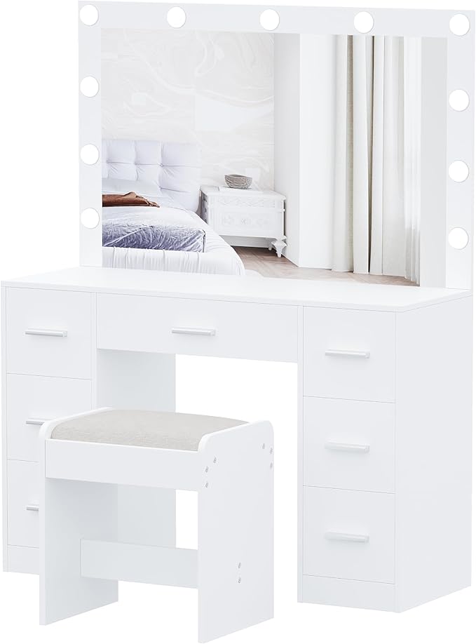 Irontar Vanity Desk with Stool, Makeup Table with Lighted Mirror, 3 Color Lighting Modes, Brightness Adjustable, Dressing Table with Drawers, Bedroom Vanity Table Set for Women, White