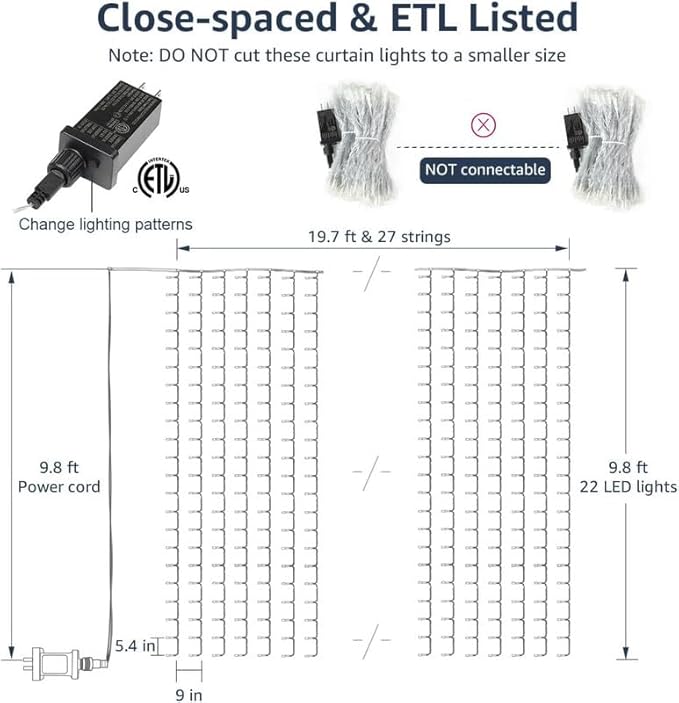 Lighting EVER 594 LED Curtain Lights, 20 x 10 ft Plug in Hanging Fairy String Lights, Wedding Party Backdrop Lights, Twinkle Lights for Wall, Patio, NOT Connectable (XL Size, 27 Strings, 9" Apart)