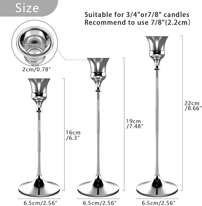 Candlestick Holders Silver, 3 Packs Taper Candle Holder for Candlesticks, Candle Sticks Holder Decor for Home Decor