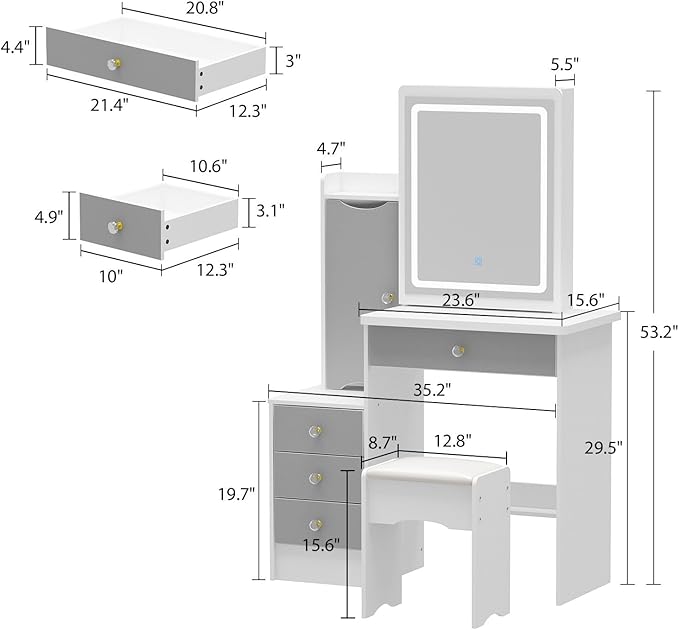 FAMAPY Vanity Desk with Mirror and Lights, Vanity Makeup Desk with Sliding Lighted Mirror, Vanity Mirror Makeup Desk with Cushion Stool, Drawers and Shelves, White and Grey