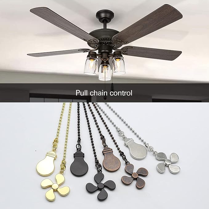 Ceiling Fan Pull Chain Set - 4 Piece Bulb and Fan Pattern Extension Pendant, 12 Inch Extender With Ball Connector (Brass)