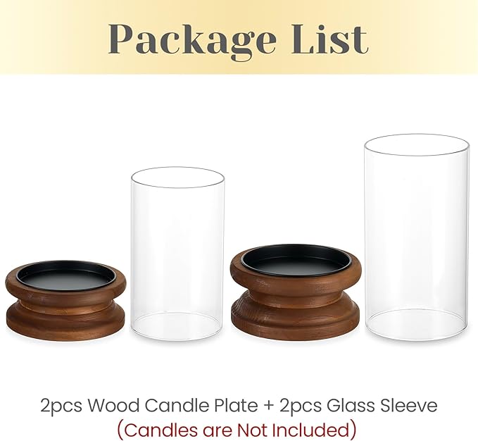 Hewory Hurricane Glass Candle Holder: 2PCS Rustic Brown Candle Holders for Pillar Candles, Vintage Decorative Wood Stand with Clear Glass Cover for Weddings Christmas Table Centerpiece Home Decor
