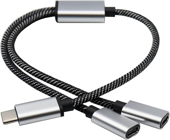 USB C Male to Double USB C Female Splitter Converter Adapter Extension Connector Cable for Charging and Data Transfer Nylon + Aluminum Alloy